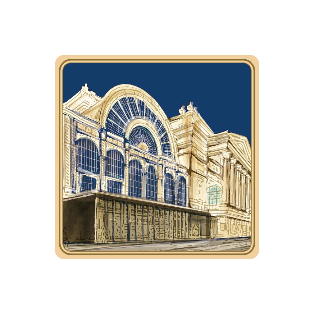 Bamboo coaster with the Bow Street view of the RBO on a blue background