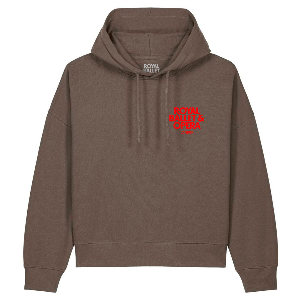 A brown cropped hoodie with a red 'Royal Ballet and opera' logo printed on the left chest, displayed against a solid white background.