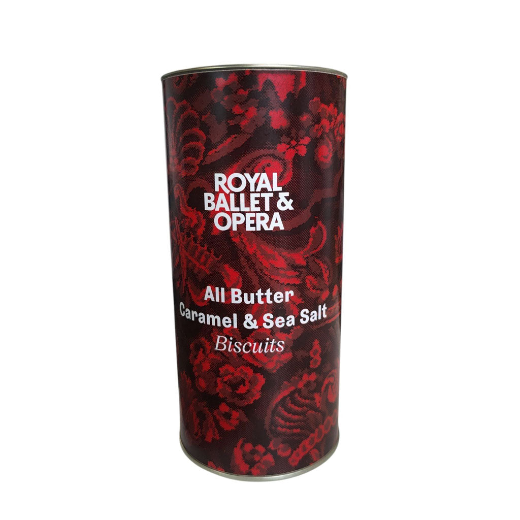 Cylindrical biscuit tin with red and black design and &#39;Royal Ballet &amp; Opera&#39; branding.