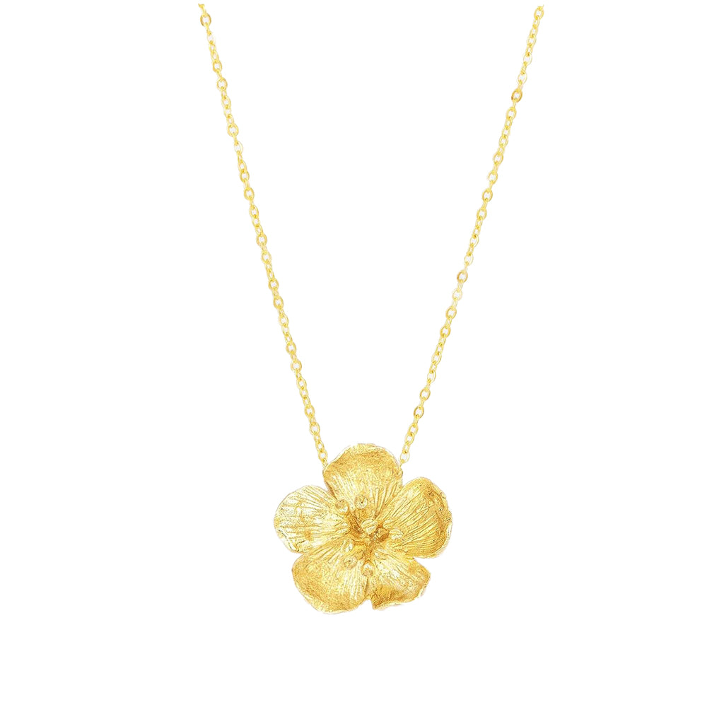 Gold plated brass buttercup flower pendant necklace on a white background
