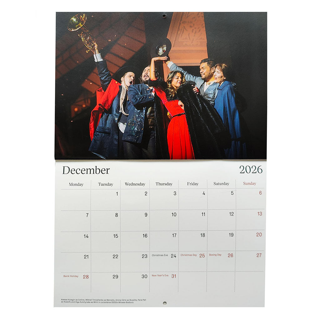 Calendar page for December 2026 with a performance scene on a black background