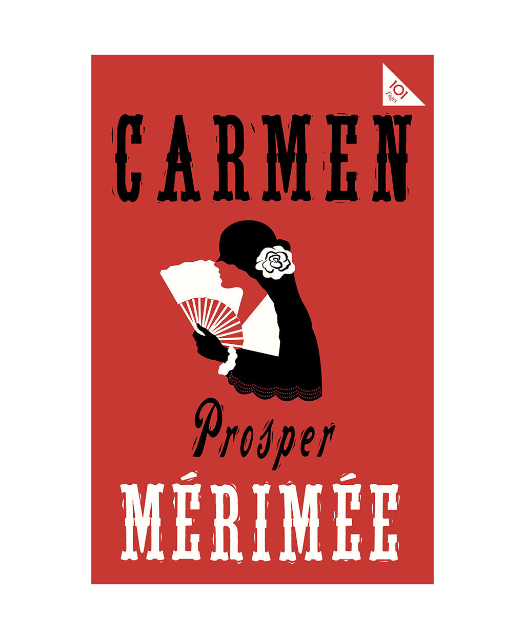 A book cover for 'Carmen' by Prosper Mérimée, featuring a bold red background with black and white typography and an illustration of a woman in profile holding a fan.