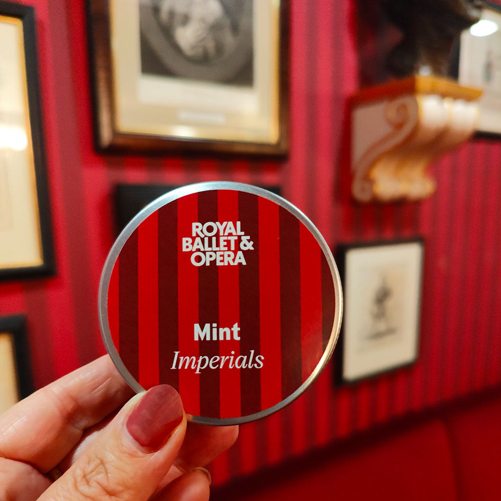 Tin of 'Royal Ballet & Opera Mint Imperials' showcasing the stripped wallpaper from the RBO on a white background