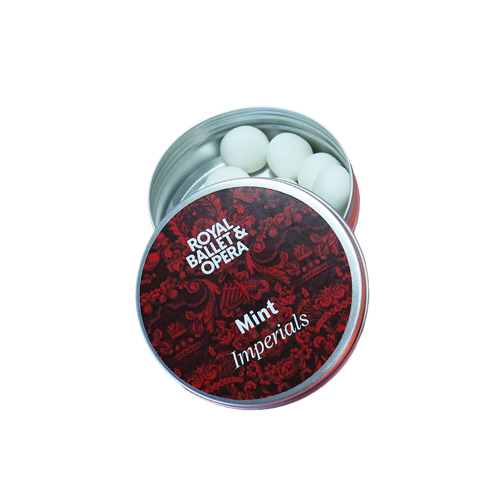 Tin of &#39;Royal Ballet &amp; Opera&#39; Mint Imperials with a design featuring the iconic RBO carpet on a white background