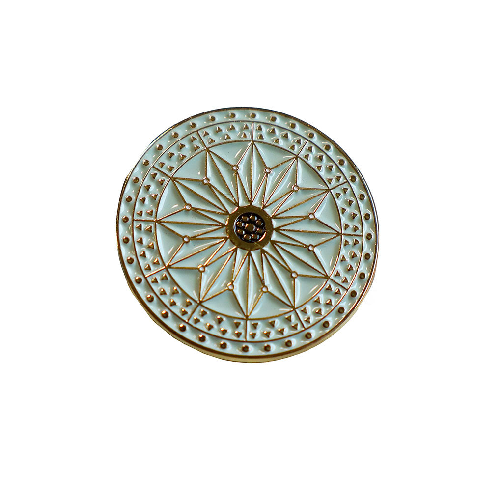 Pin badge featuring the auditorium ceiling in blue and gold