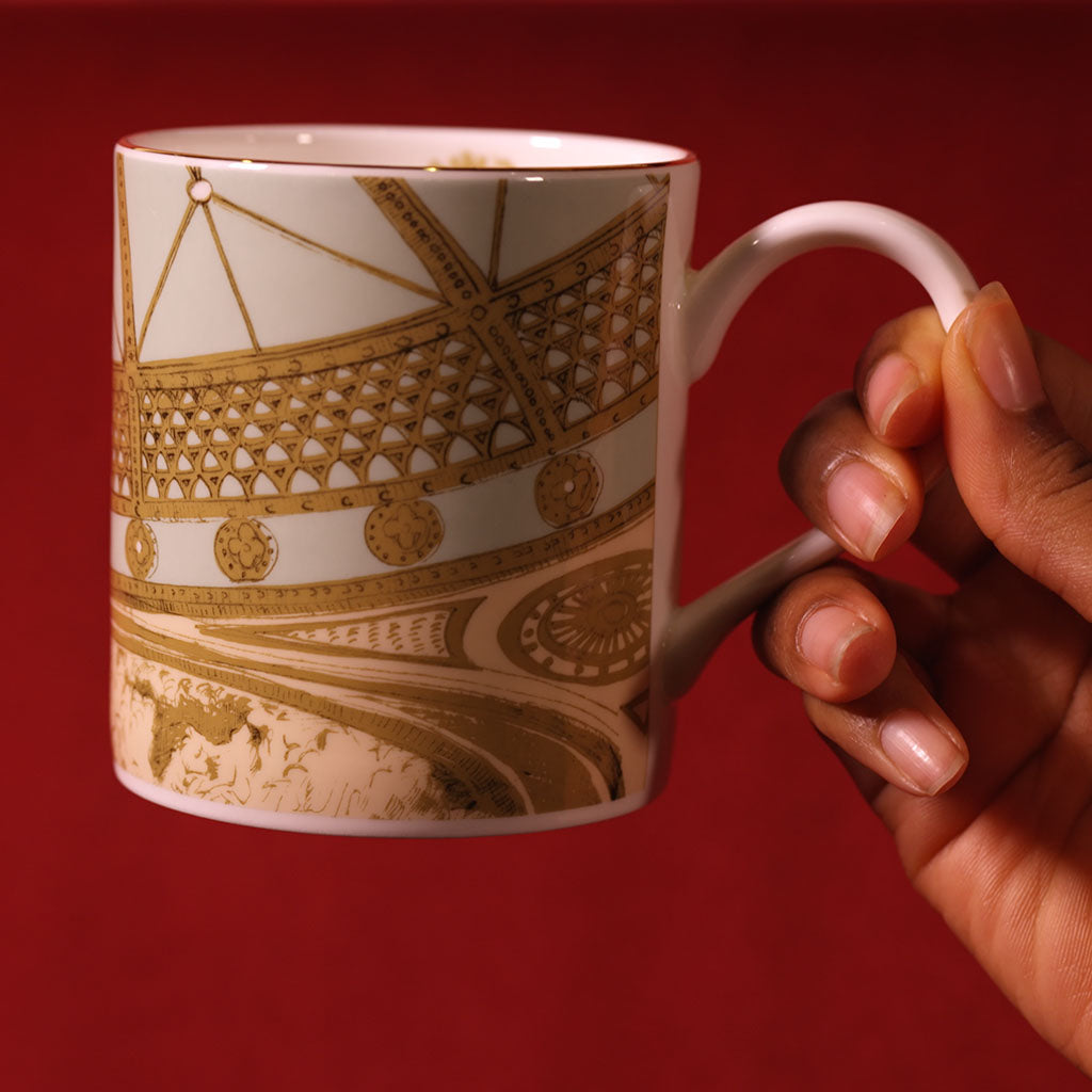 Mug with architectural ceiling design on a white background