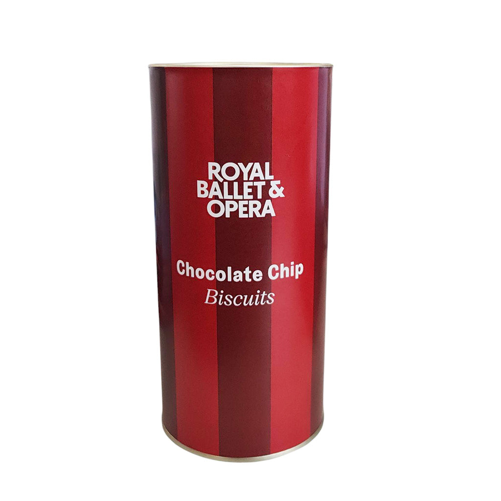 Stripped red tin of biscuits with &#39;Royal Ballet &amp; Opera&#39; branding on a white background