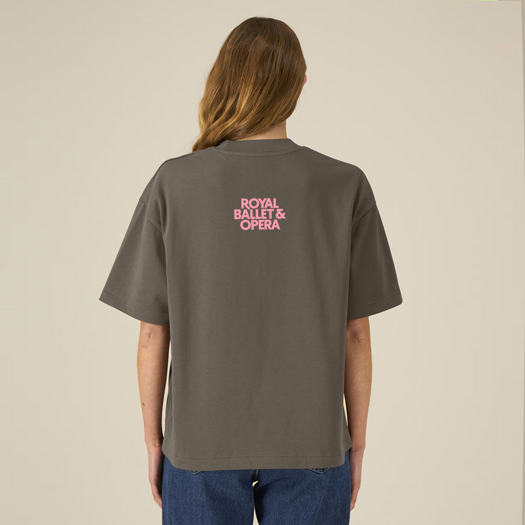 Chocolate brown t-shirt with pink text 'ROYAL BALLET & OPERA' across the front on a white background