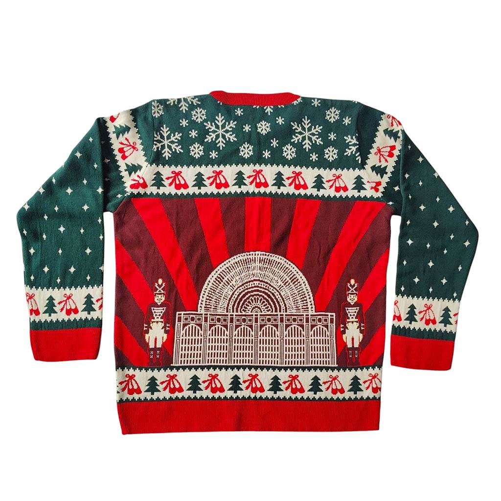 Back view of the RBO Christmas-themed jumper with festive patterns and ROH facade on a white background