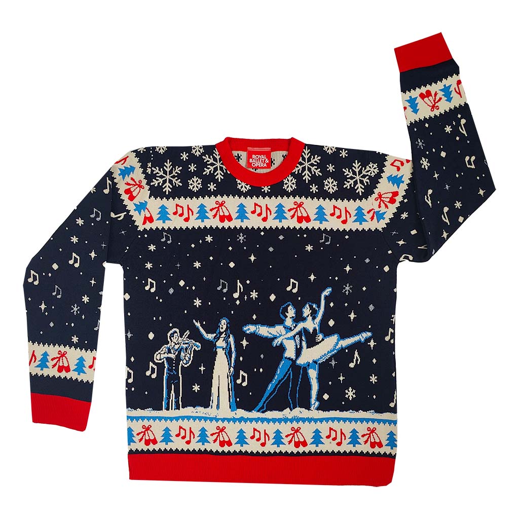 RBO Christmas jumper with festive ballet and opera design on a white background