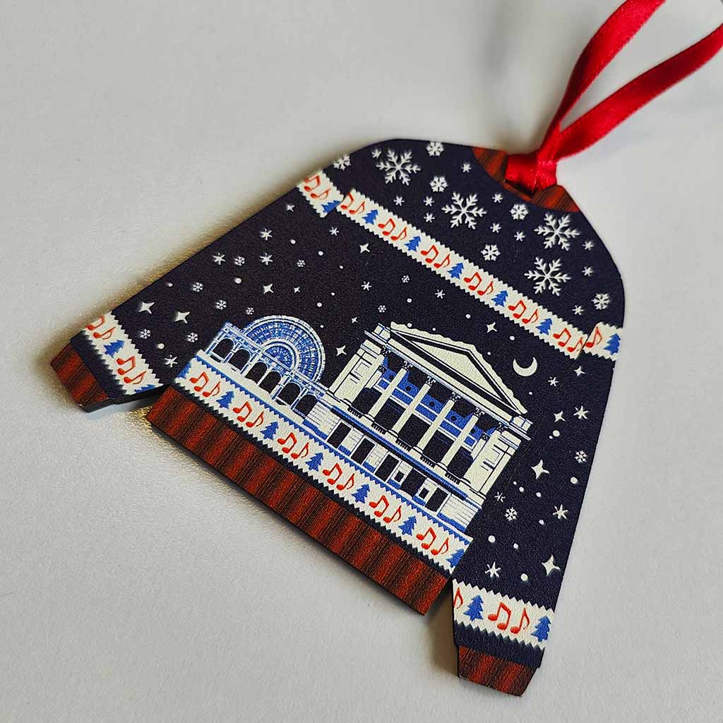 RBO Christmas Jumper bamboo decoration featuring ballet dancers, an opera singer and violinist on a white background