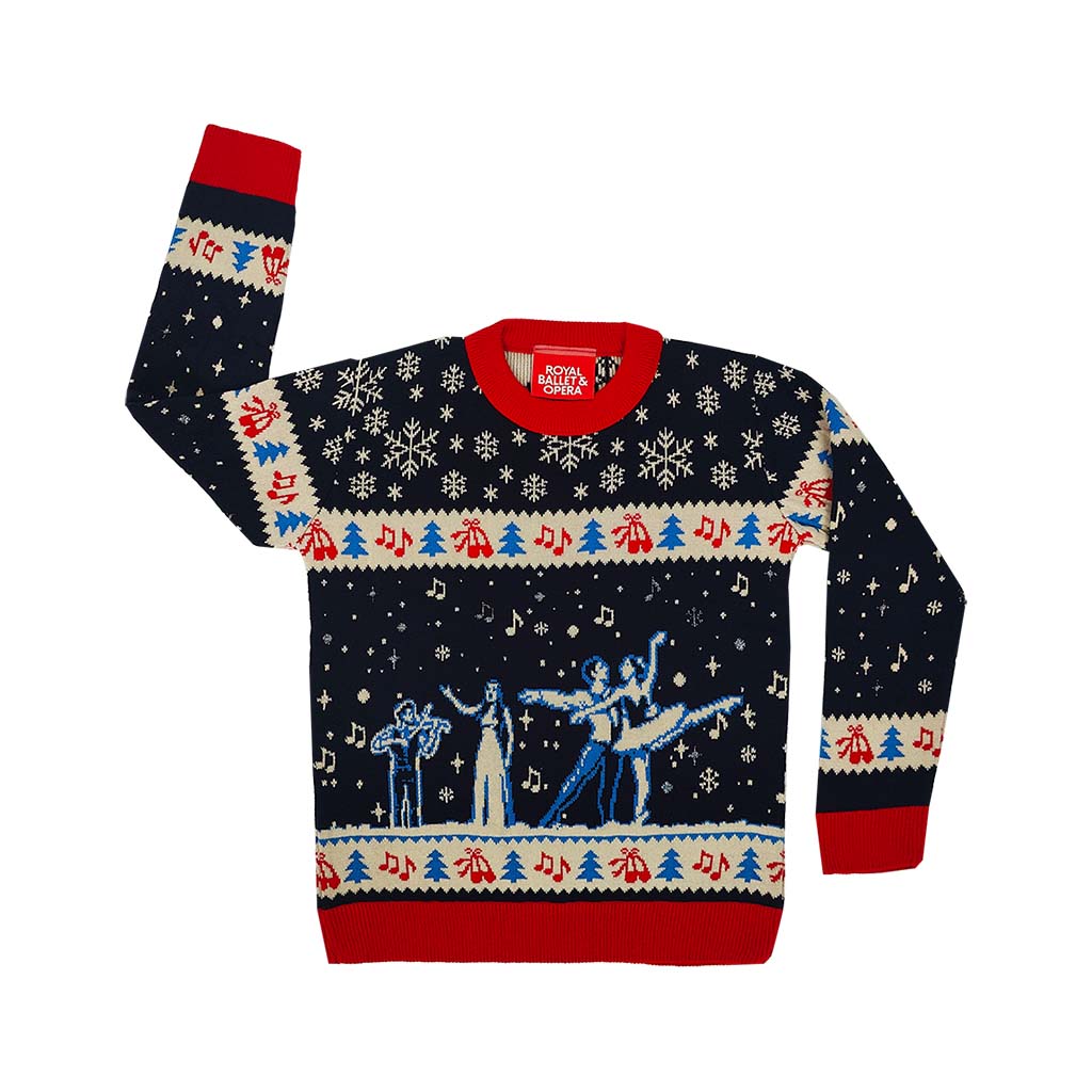 Royal Ballet and Opera Christmas Jumper featuring dancers, singer and musician with music, trees and ballet shoe knit detail on a white background