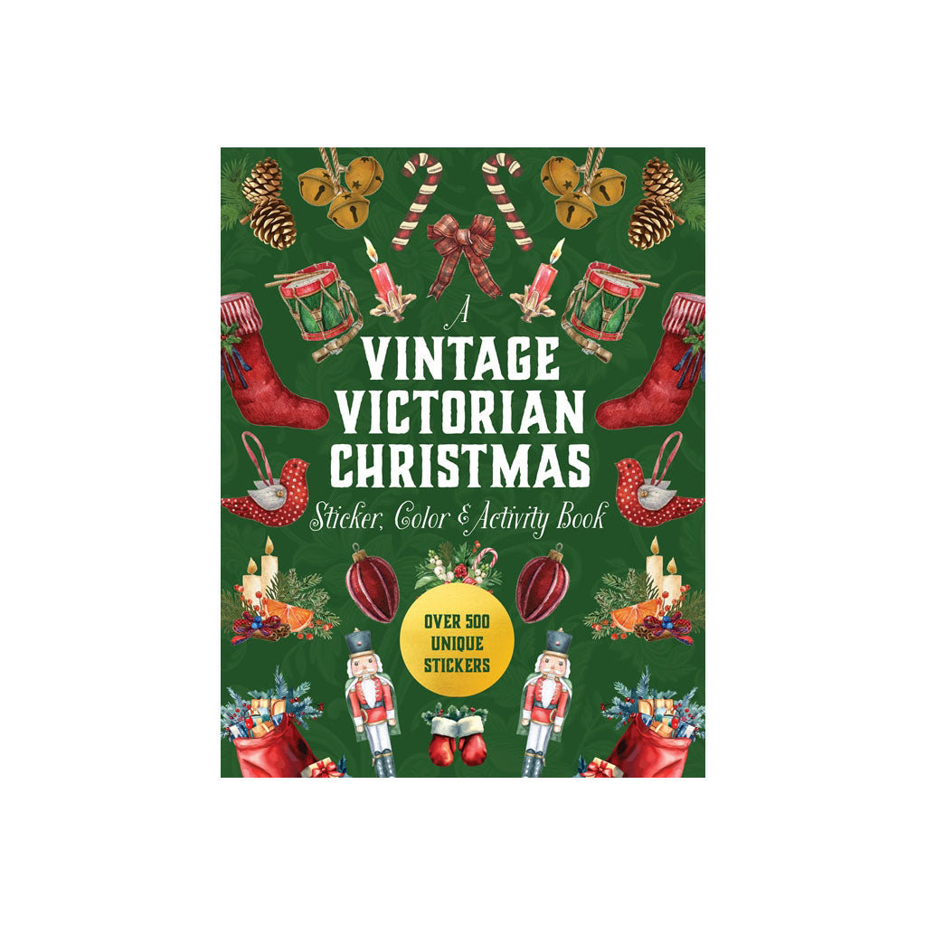 Vintage Victorian Christmas sticker, colour, and activity book cover with festive illustrations on a green background.