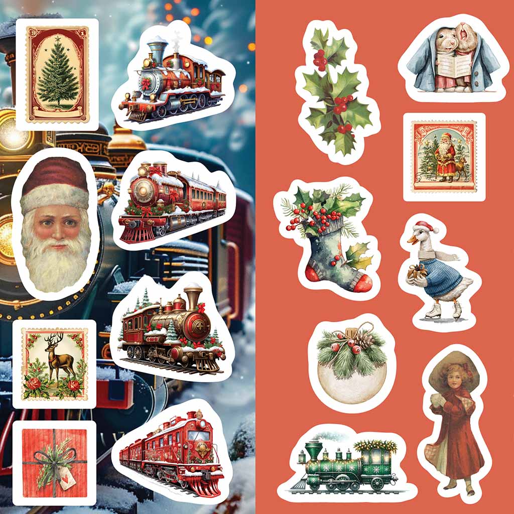 Vintage Victorian Christmas sticker, colour, and activity book cover with festive illustrations on a green background.