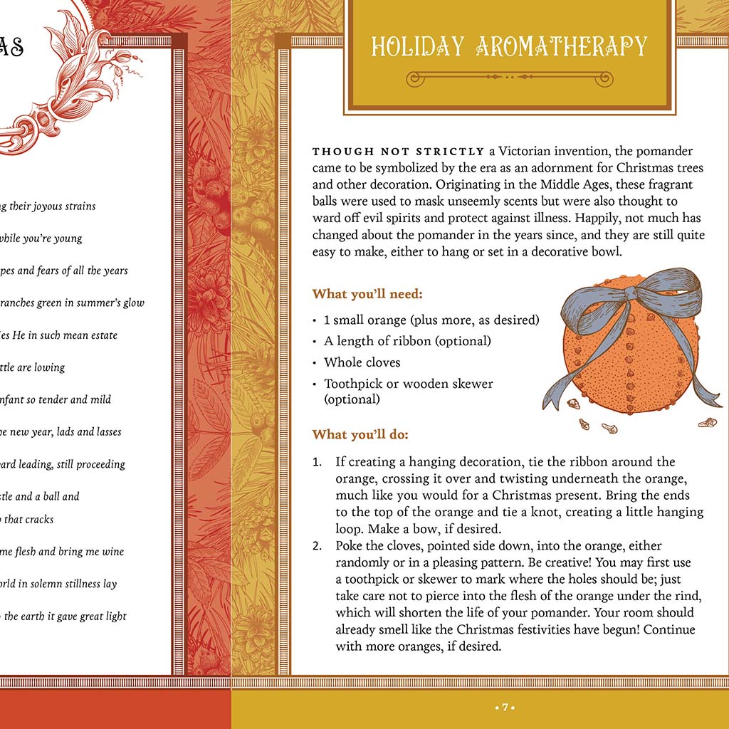 Pages from the activity book about holiday aromatherapy with text and an illustration of a pomander.