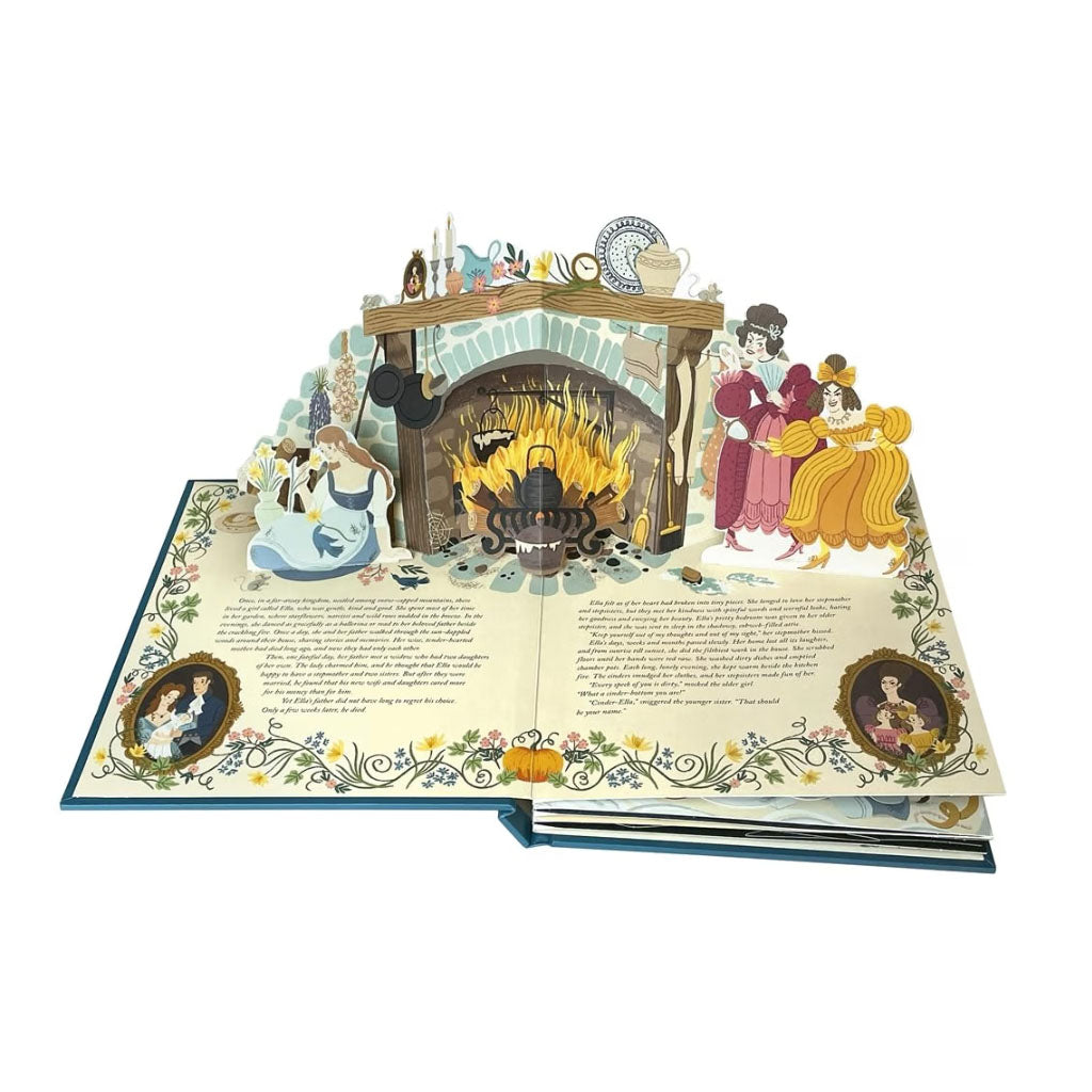 inside pop up book with the ugly sisters, cinderella and a fireplace
