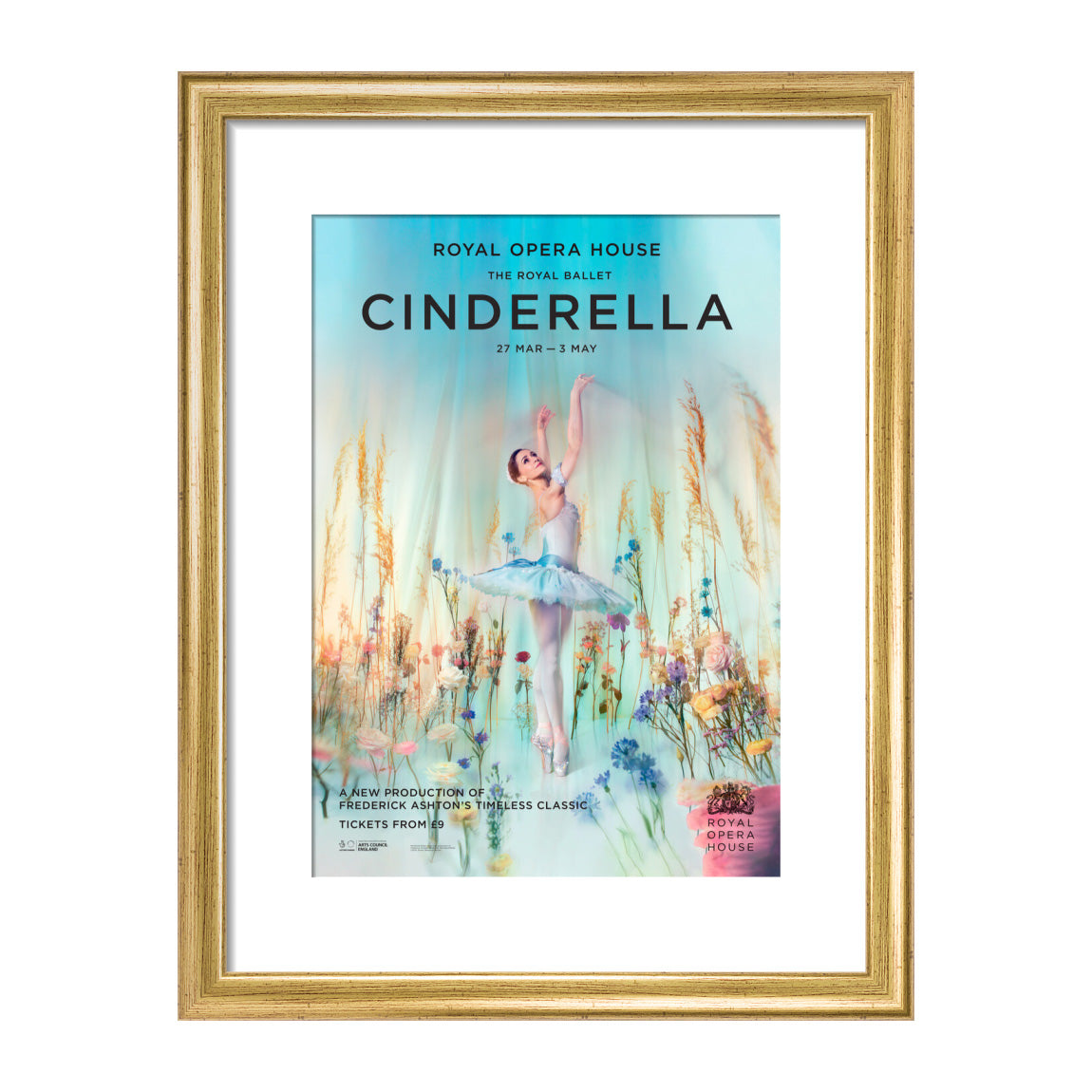 gold framed print from the ballet Cinderella 2023 featuring a ballet dancer surrounded by flowers