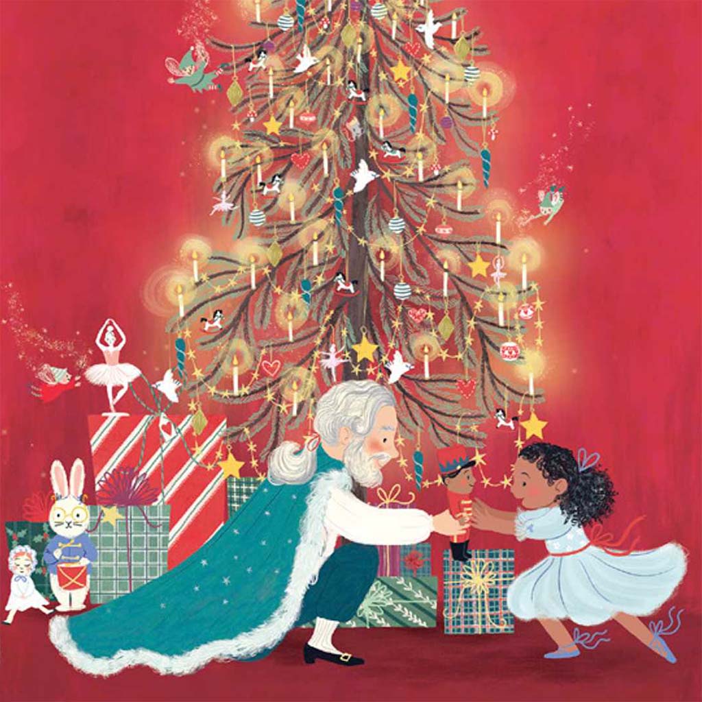 Illustrated notebook cover featuring characters Clara and Herr Drosselmeyer from The Nutcracker, sitting by a decorated Christmas tree with gifts and a bunny.