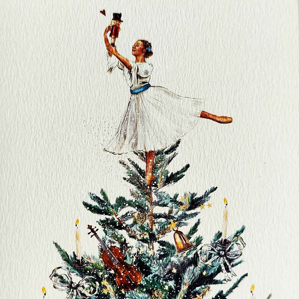close up of handmade greeting card of Clara with a Nutcracker Doll on top of a decorated Christmas Tree