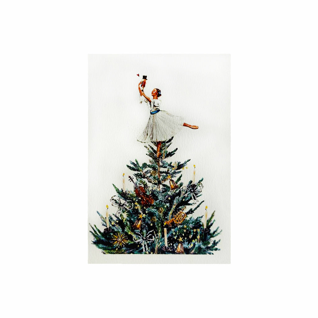 handmade greeting card of Clara with a Nutcracker Doll on top of a decorated Christmas Tree
