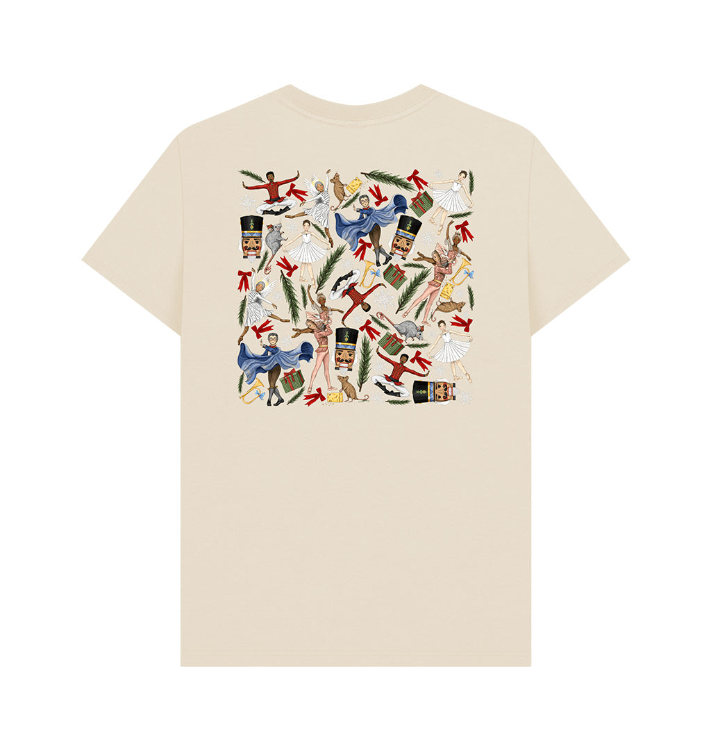 Beige t-shirt with colourful Nutrcracker ballet design on a white background