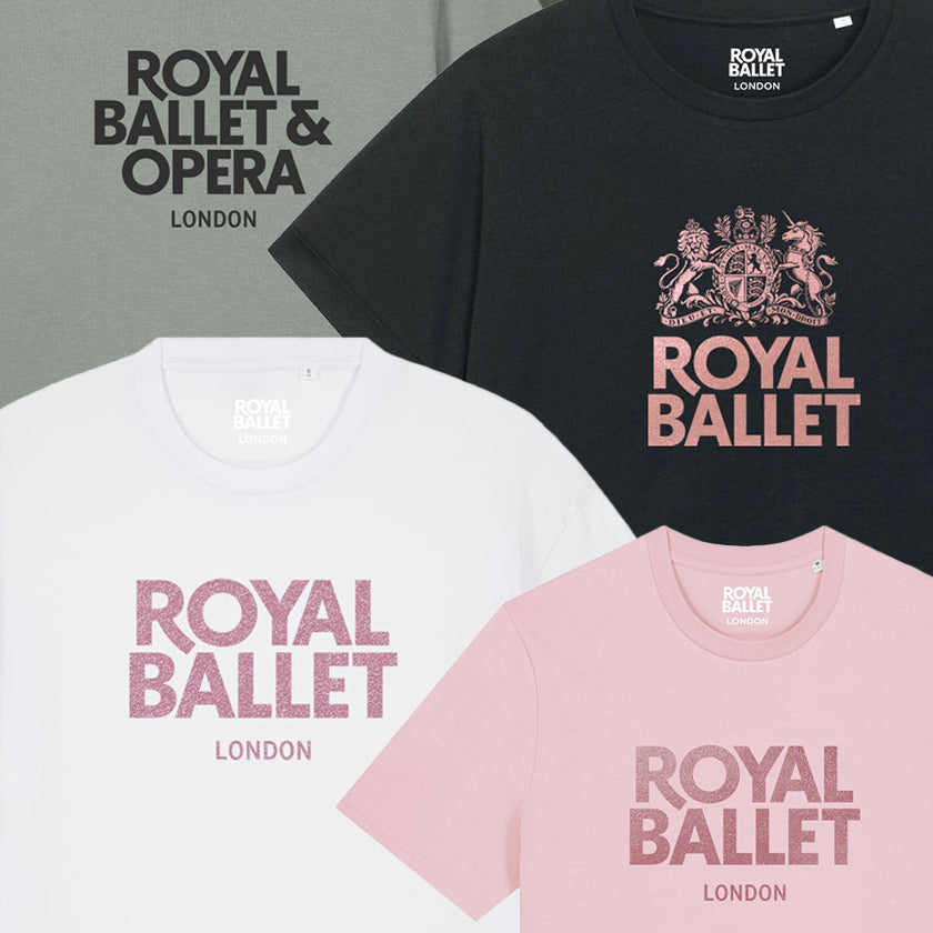 selection of Royal Ballet and Opera t-shirts in grey, black, pink and white