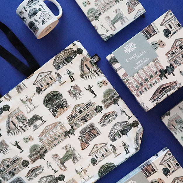 Collection of products with Covent Garden pattern on a blue background