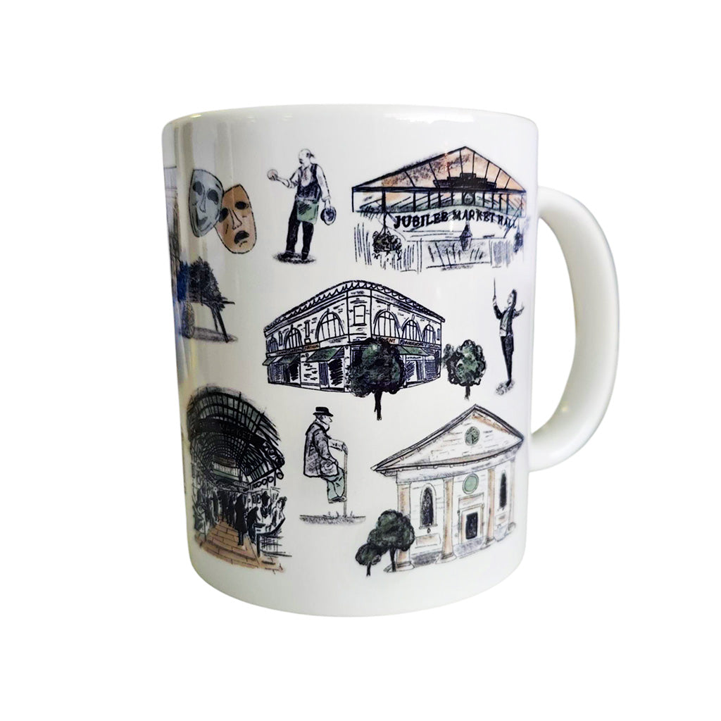 White mug with illustrations of buildings and people in Covent Garden on a white background