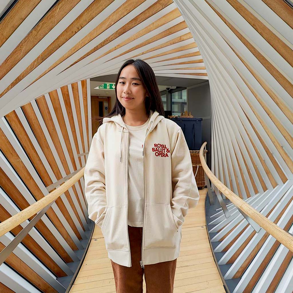 model in RBO Cream Hoodie