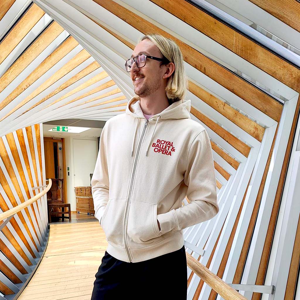 model in RBO Cream Hoodie