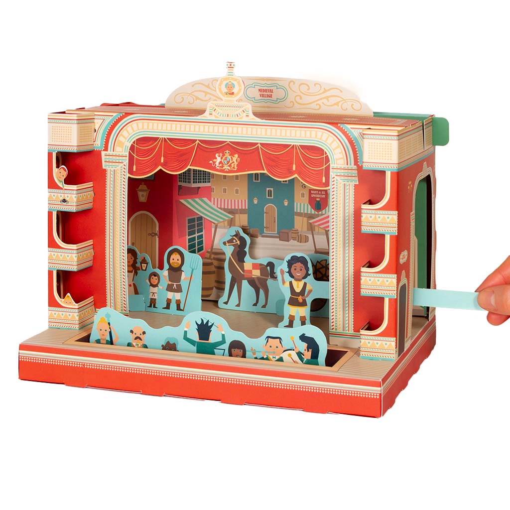 Card puppet theatre inspired by the RBO with colourful stage and characters, held by a hand.
