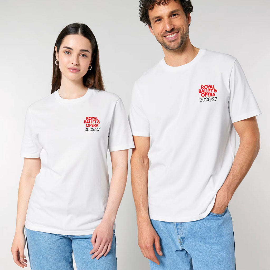 A man and a woman modeling matching white short-sleeve T-shirts with a red 'Royal Ballet &amp; Opera 2026/27' logo printed on the left chest, set against a plain light gray studio background.