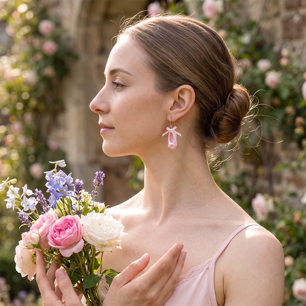Woman holding a bouquet of flowers in a garden setting wearing pink crochet ballet shoe earrings