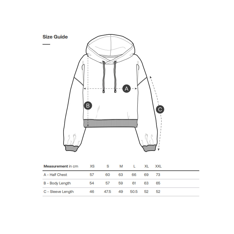 A size guide diagram for a cropped hoodie, showing front-facing line drawings with measurement callouts labeled A, B, and C, plus a table of measurements in centimeters for sizes XS through XXL.