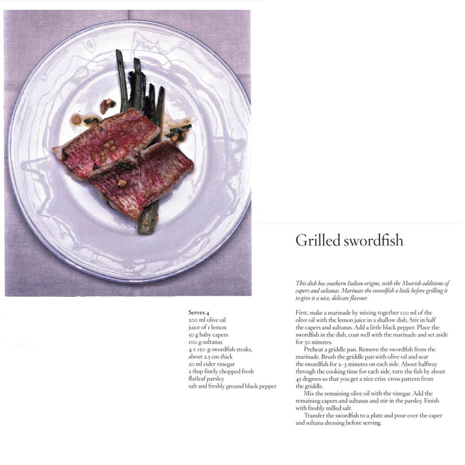 Grilled swordfish on a white plate  on light purple tiles with a recipe description on a white background