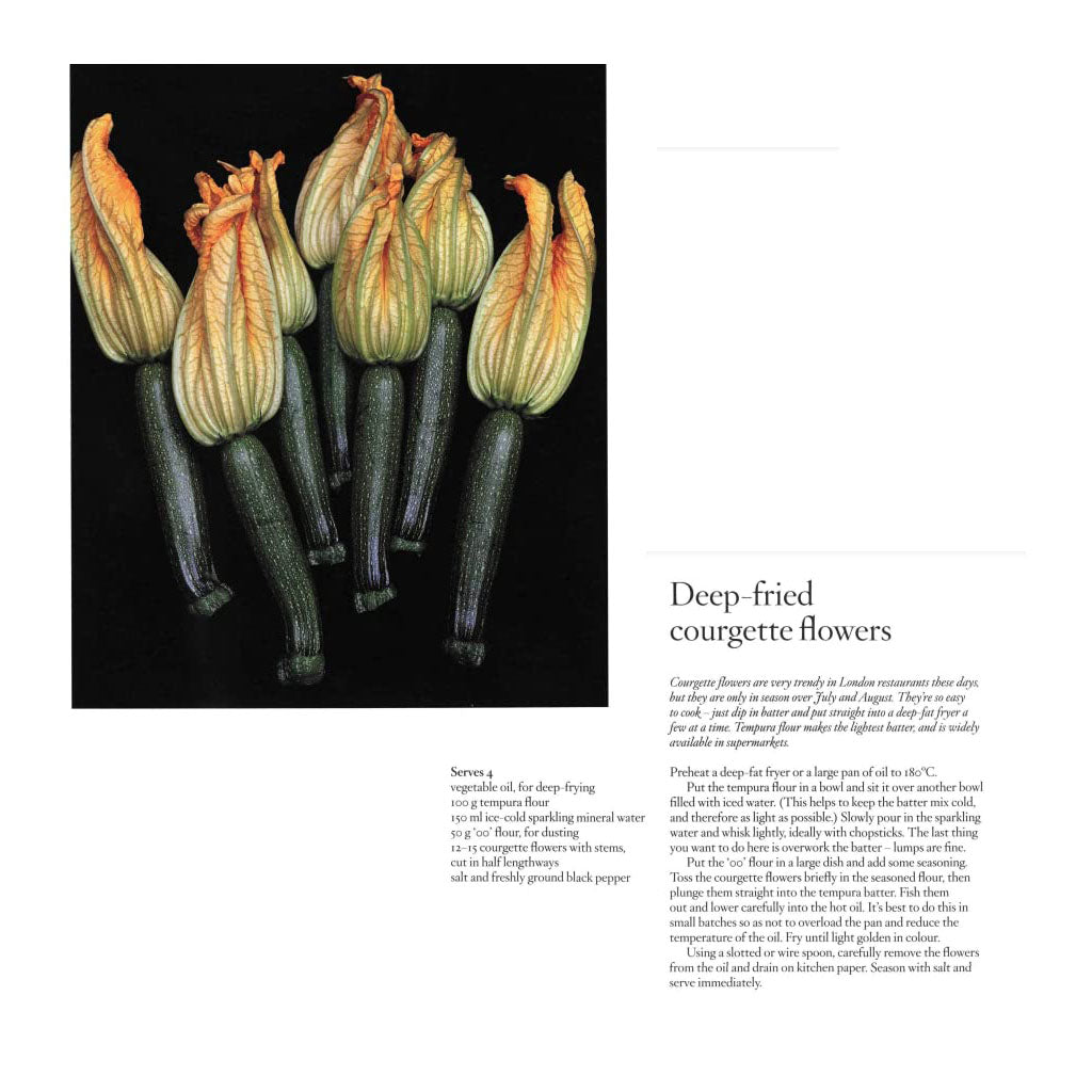 Deep-fried courgette flowers with text on a white background