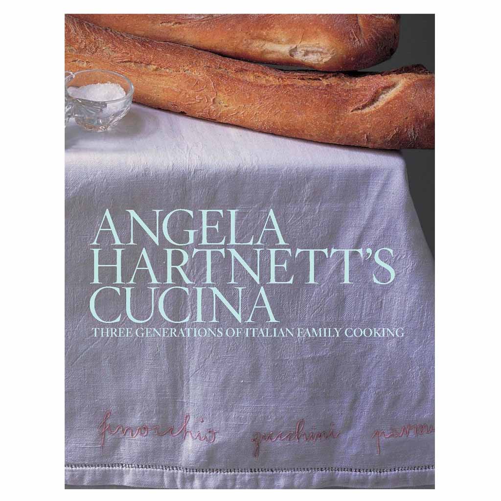 Book cover of &#39;Angela Hartnett&#39;s Cucina&#39; with bread and salt on a tablecloth.