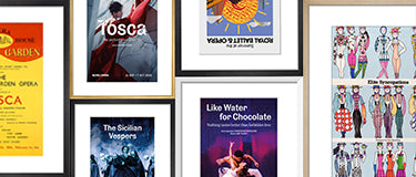Collection of framed prints of posters on a wall, featuring various designs and text from the RBO.