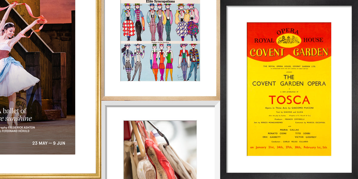 A collage of four framed art prints: a ballet poster featuring a ballerina dancing with a ribbon, a vintage-style illustrated poster with colourful characters, hanging ballet shoes and a classic Covent Garden opera poster for Tosca in yellow and red.