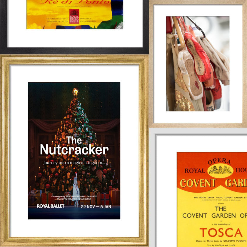 a collage of framed custom opera and ballet prints including 'The Nutcracker ' and 'Tosca'