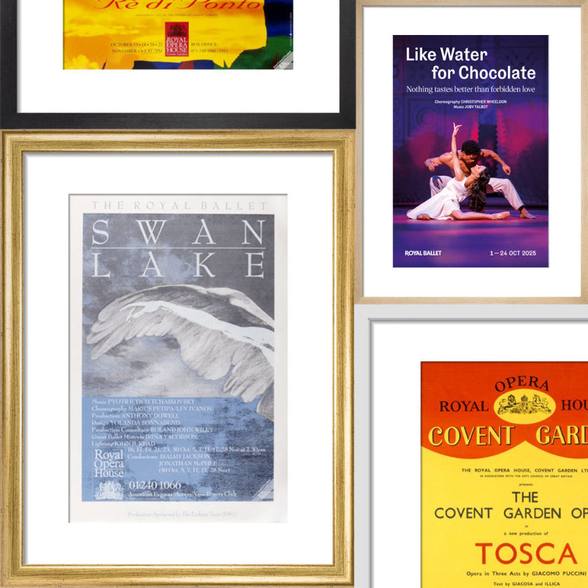 Collection of framed opera and ballet posters including 'Swan Lake' and 'Tosca'.