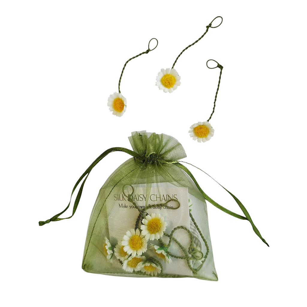 Green gift bag with daisy chains and a white background