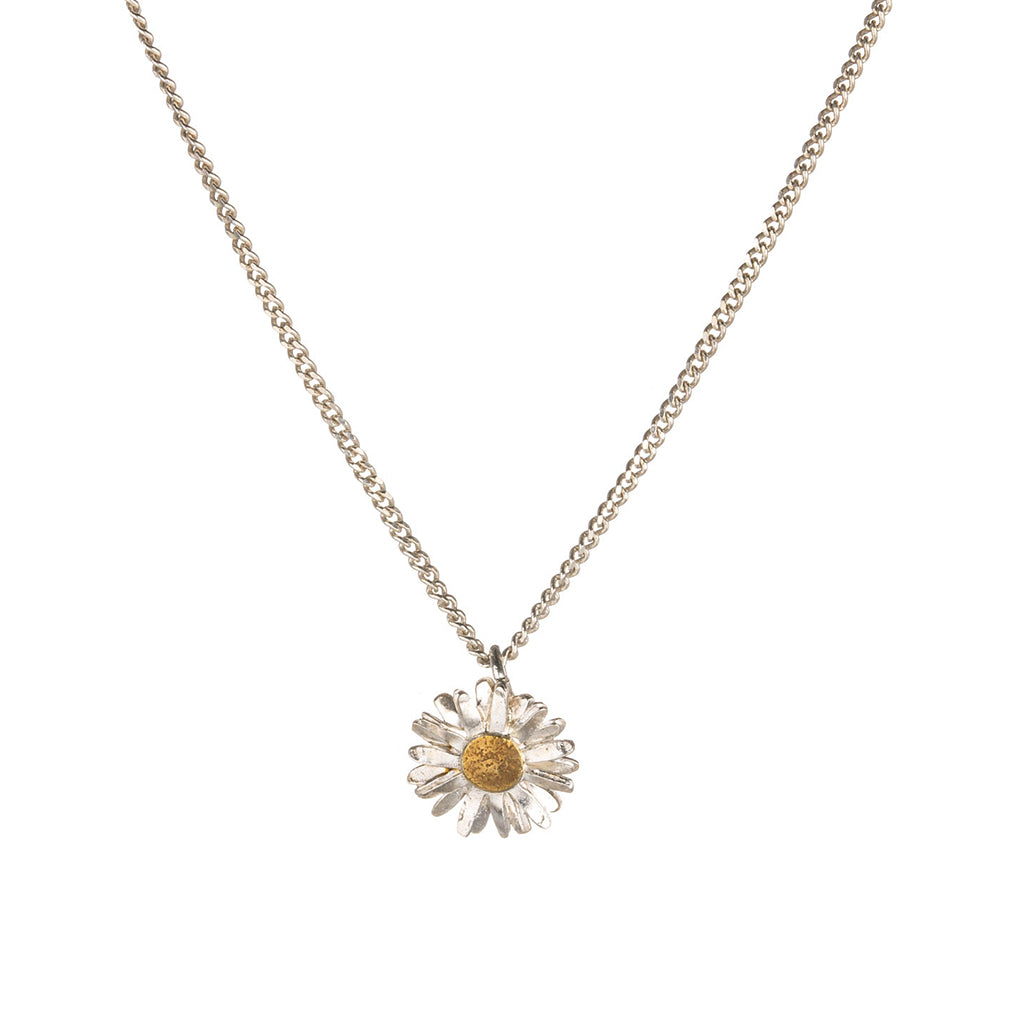 Silver necklace with a daisy pendant on a white background