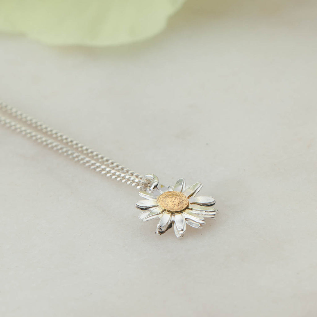 Silver necklace with a daisy pendant on a light background