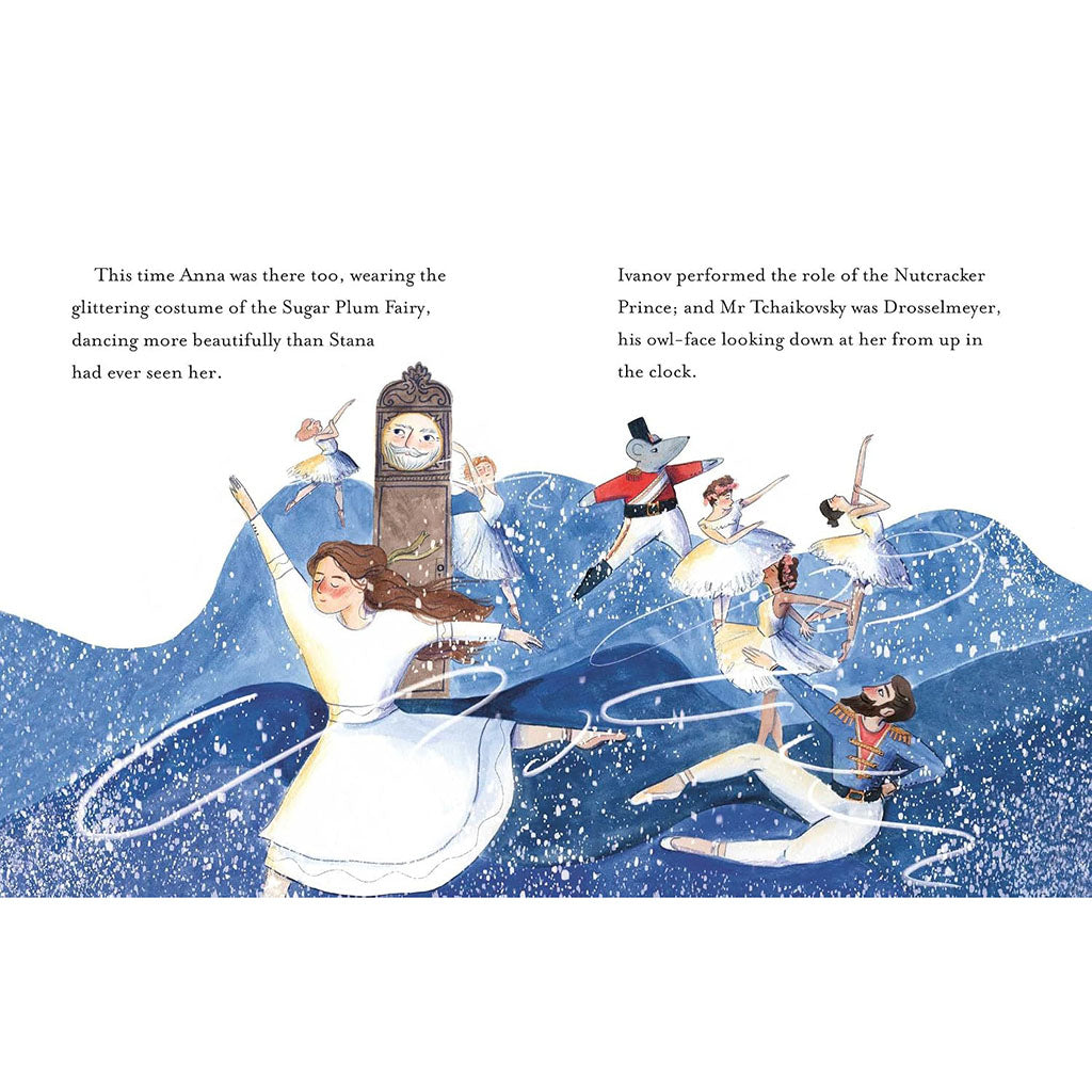 A children's book illustration spread showing a winter scene with ballerinas, a nutcracker, and a clock tower, plus two blocks of text on a white background.