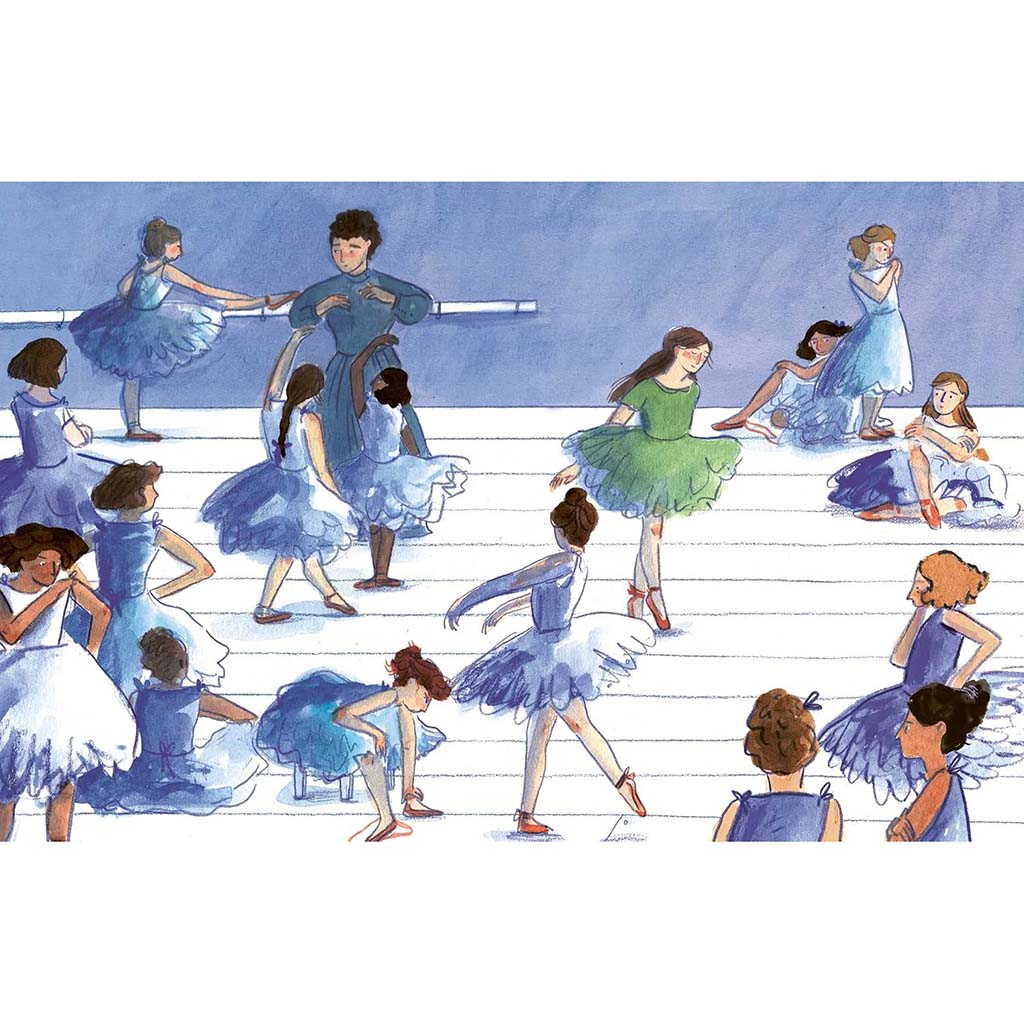 illustration inside the Dancers Dream of a ballet class in blue tones