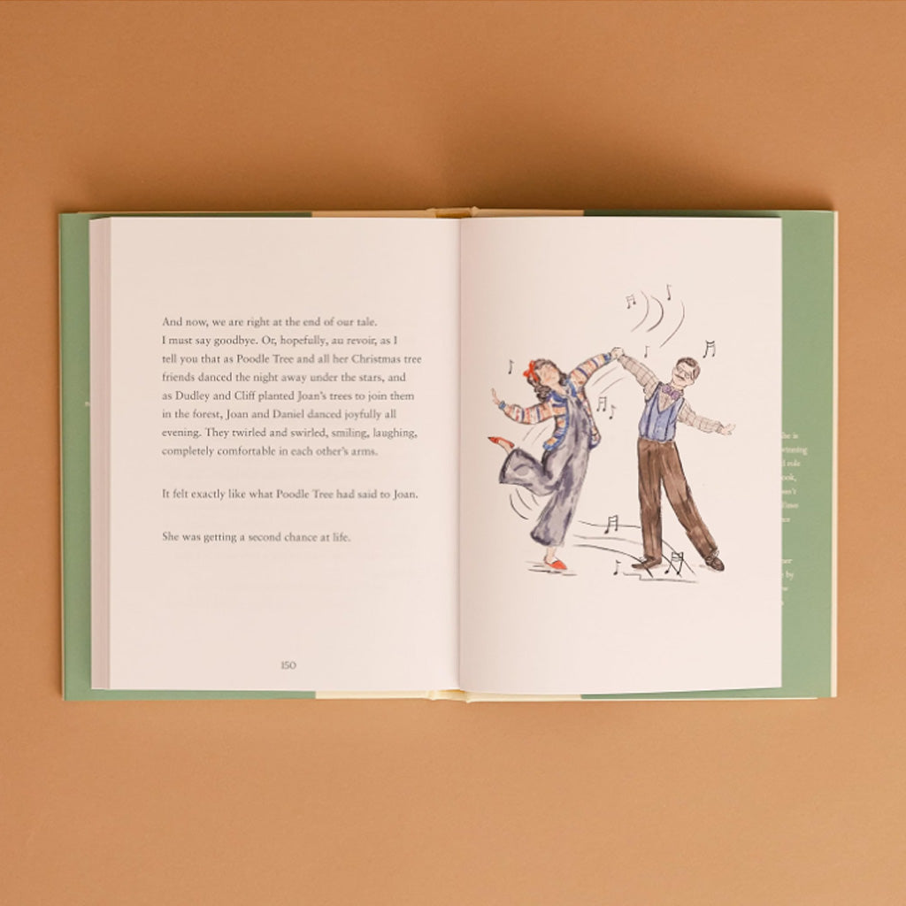 An open hardcover book laid flat on a warm tan background. The book has a light green cover and cream pages, with printed text on the left page and a whimsical hand-drawn illustration of two people dancing on the right page.