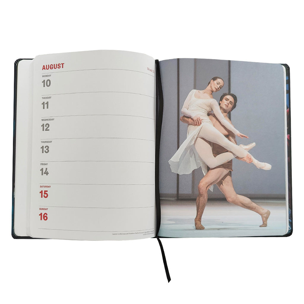 2026 Royal Ballet diary with a dancer in a white Swan Lake costume on a black background