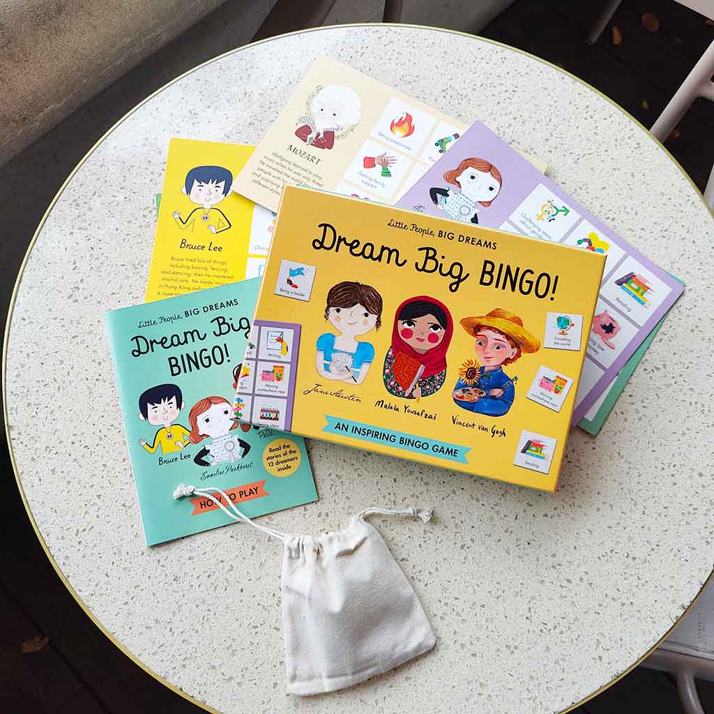 Little People, BIG DREAMS Bingo Game open with the game contents out of the table on the Terrace