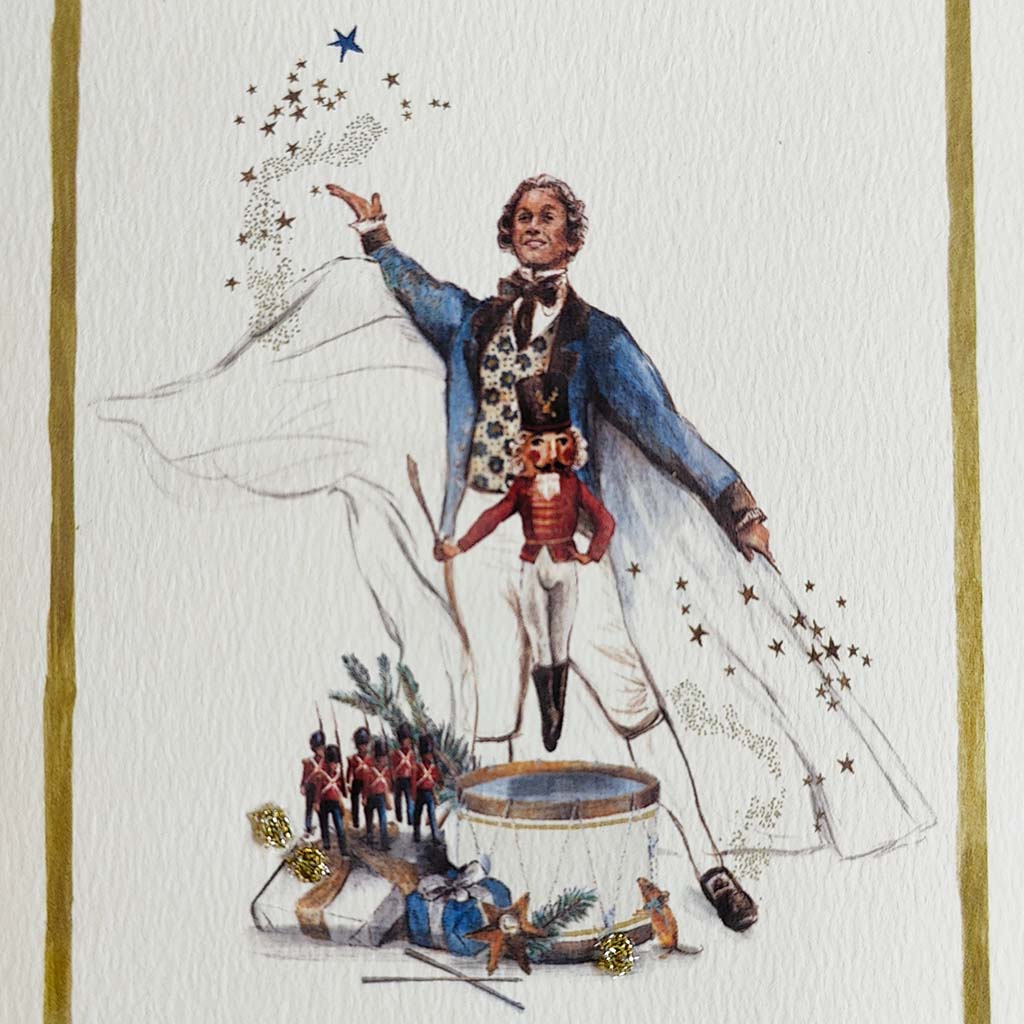 Close up of Decorative Nutcracker Greeting Card with a vintage-style illustration of Herr Drosselmeyer 